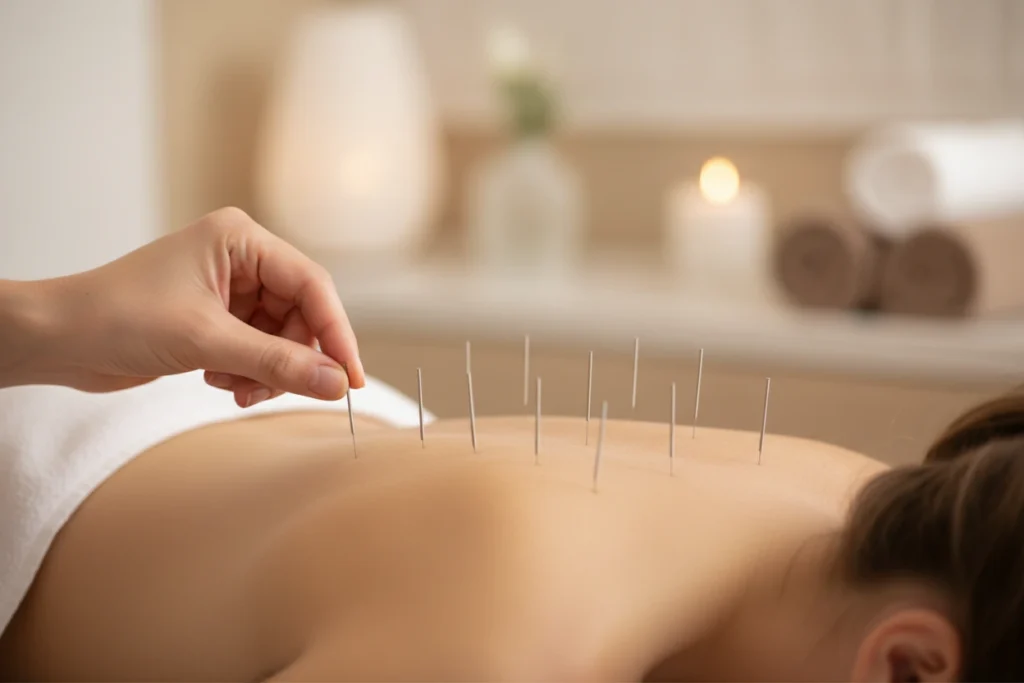 Zabieg akupunktury pleców w gabinecie Oriental SPA w Jeleniej Górze – dłoń terapeuty i cienkie igły